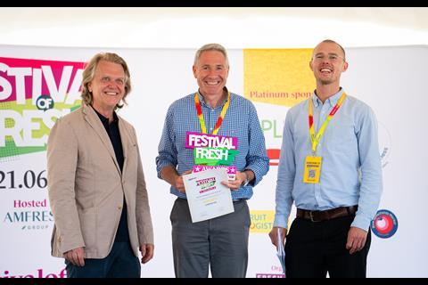 AMFRESH UK's managing director Mark Player (centre) collected the award for Retail Supplier of the Year from FPJ editor Fred Searle (right) and Chris White (left), MD of Fruitnet Media International